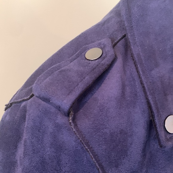 LOFT Navy Blue Faux Suede Microsuede Moto Jacket Women’s Size 0 XS Extra Small - Picture 4 of 10